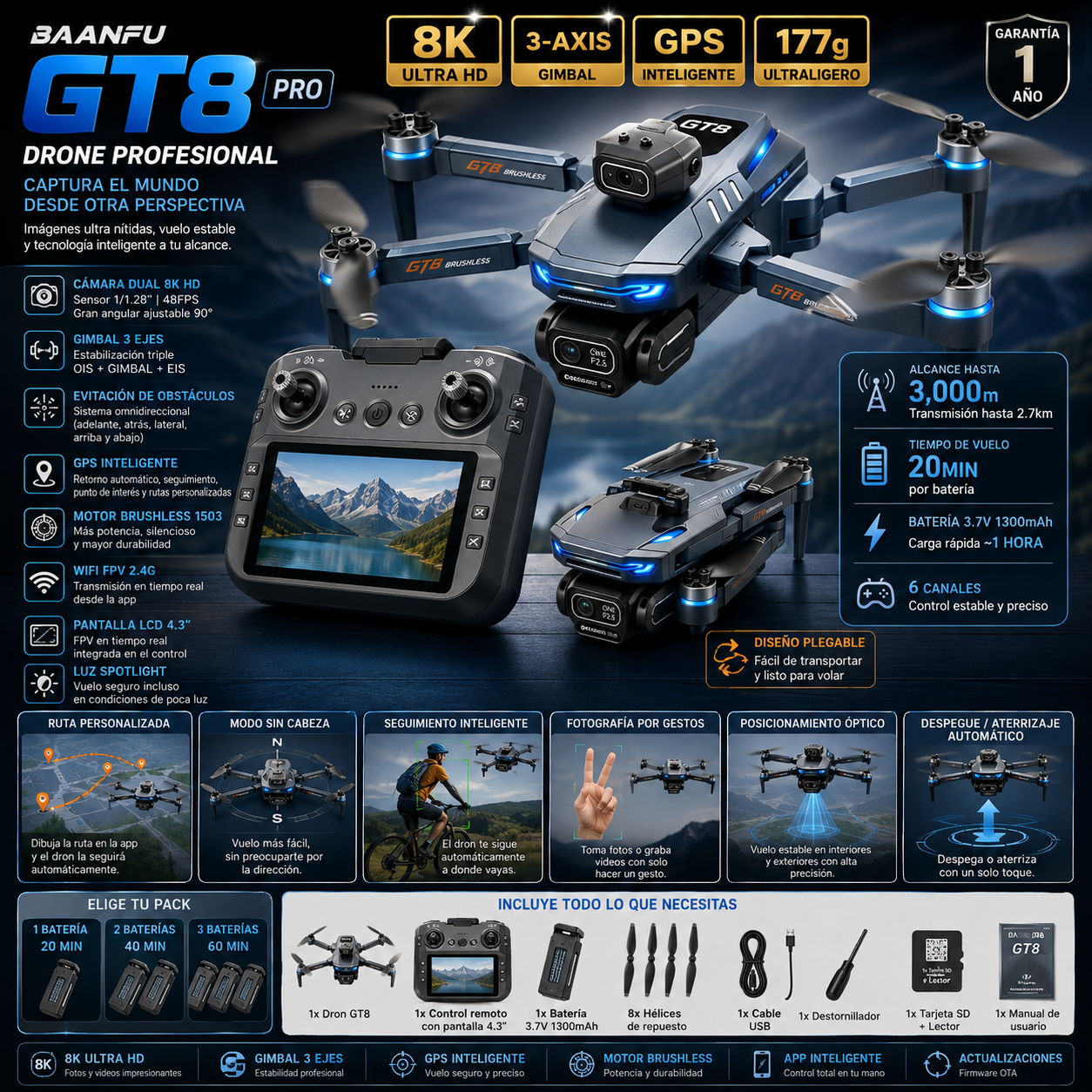 Dron GT8 Cámara Dual 8K HD GPS – Motor Brushless, Gimbal 3 Ejes, WiFi FPV, Pantalla 4.3", Plegable