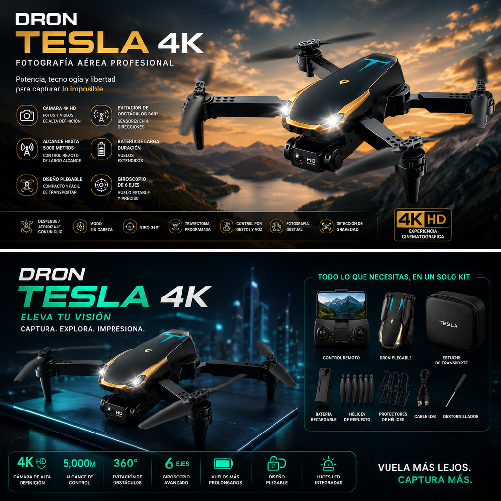 Dron Tesla 4K Fotografía Aérea Profesional | Cuadricóptero RC 5000m