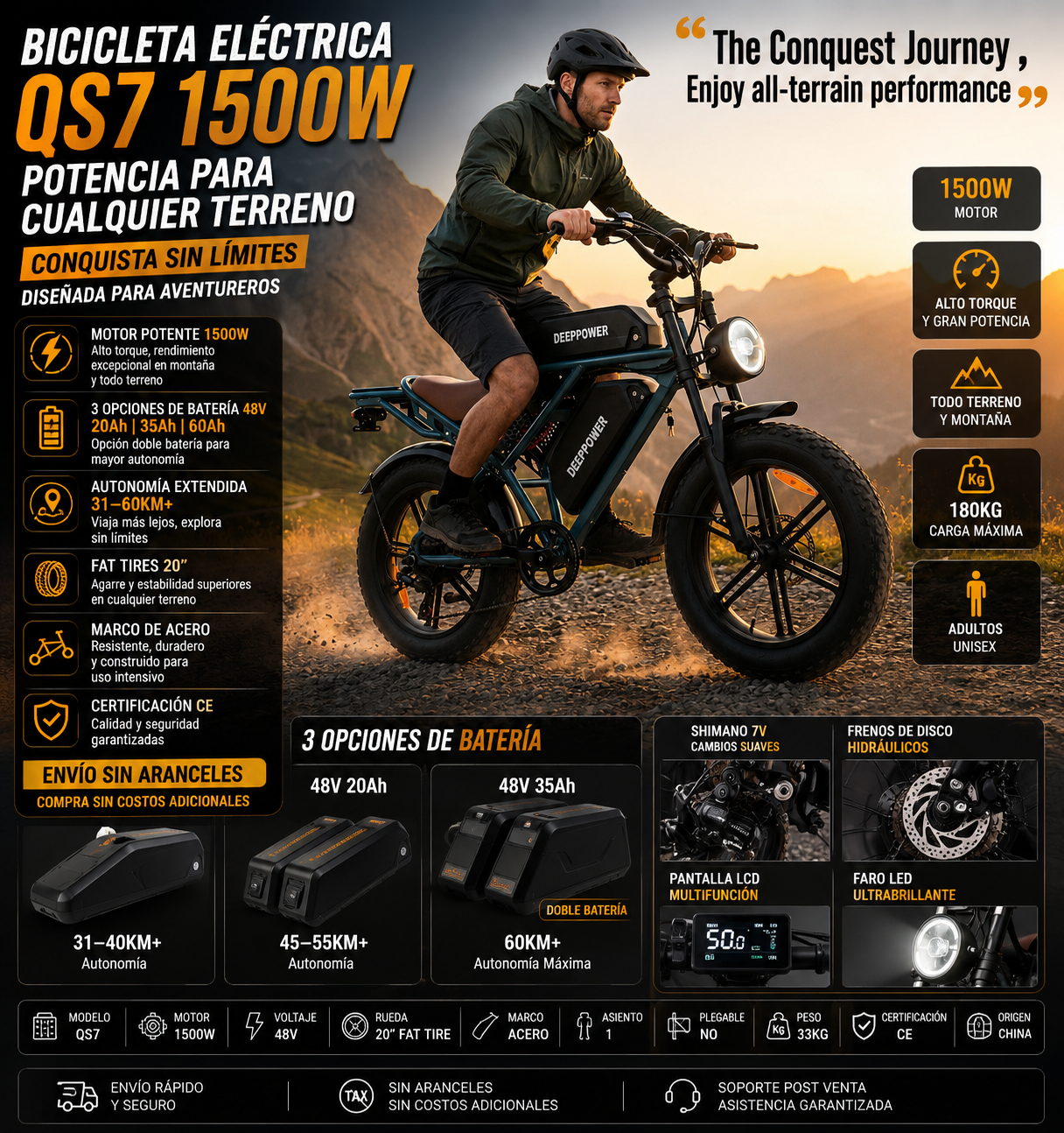 E-Bike 1500W | Fat Tire 20" | 48V 20/35/60Ah | Doble Batería | Off-Road Montaña | Sin Aranceles | Adultos | Modelo QS7