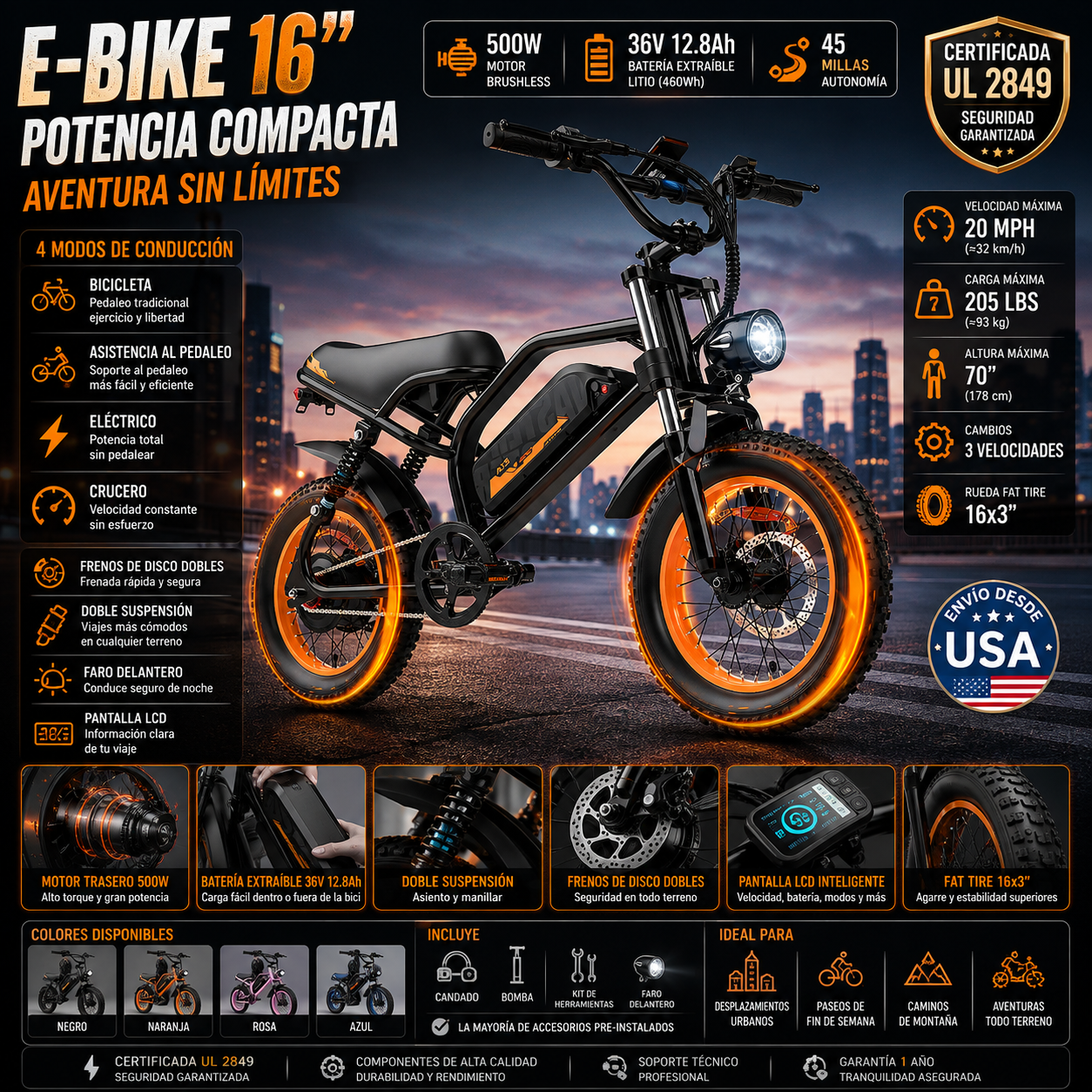 E-Bike 16" Adultos | 500W | 36V 12.8Ah Extraíble | 45 Millas | 4 Modos | Frenos Disco | UL 2849 | Negro/Naranja/Rosa/Azul