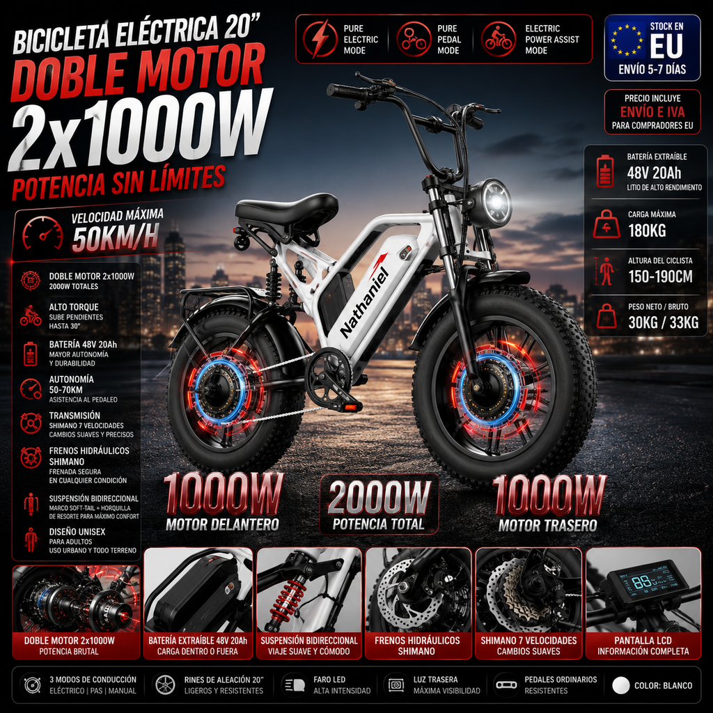 E-Bike 20" Doble Motor 2x1000W | 48V 20Ah Extraíble | 50km/h | Shimano 7v | Frenos Hidráulicos | Marco Aluminio | Adultos