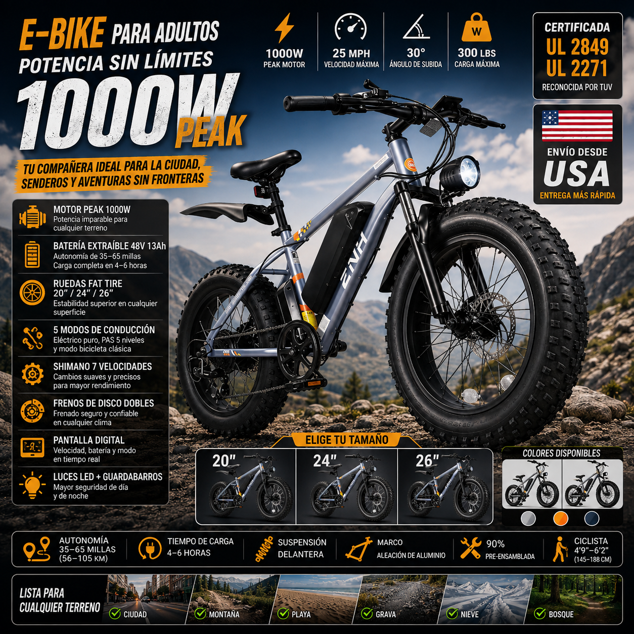 E-Bike Adultos 1000W | Fat Tire 20"/24"/26" | 48V 15Ah Extraíble | 65 Millas | 5 Modos | Shimano 7v | UL Certificada