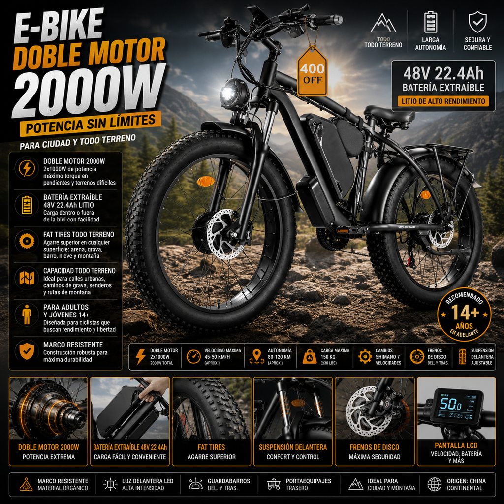 E-Bike Adultos Doble Motor 2000W | 48V 22.4Ah Extraíble | Fat Tire | Todo Terreno | Bicicleta Eléctrica