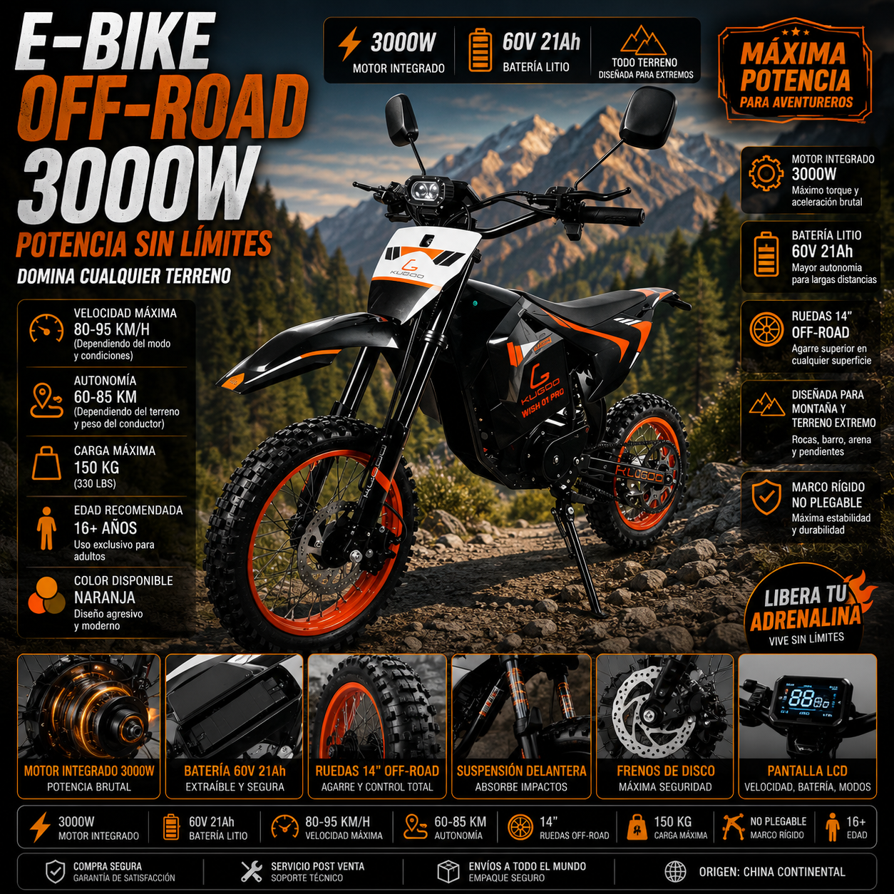 E-Bike Off-Road 3000W | Motor Integrado | 60V 21Ah | Rueda 14" | Moto Eléctrica de Montaña | Naranja
