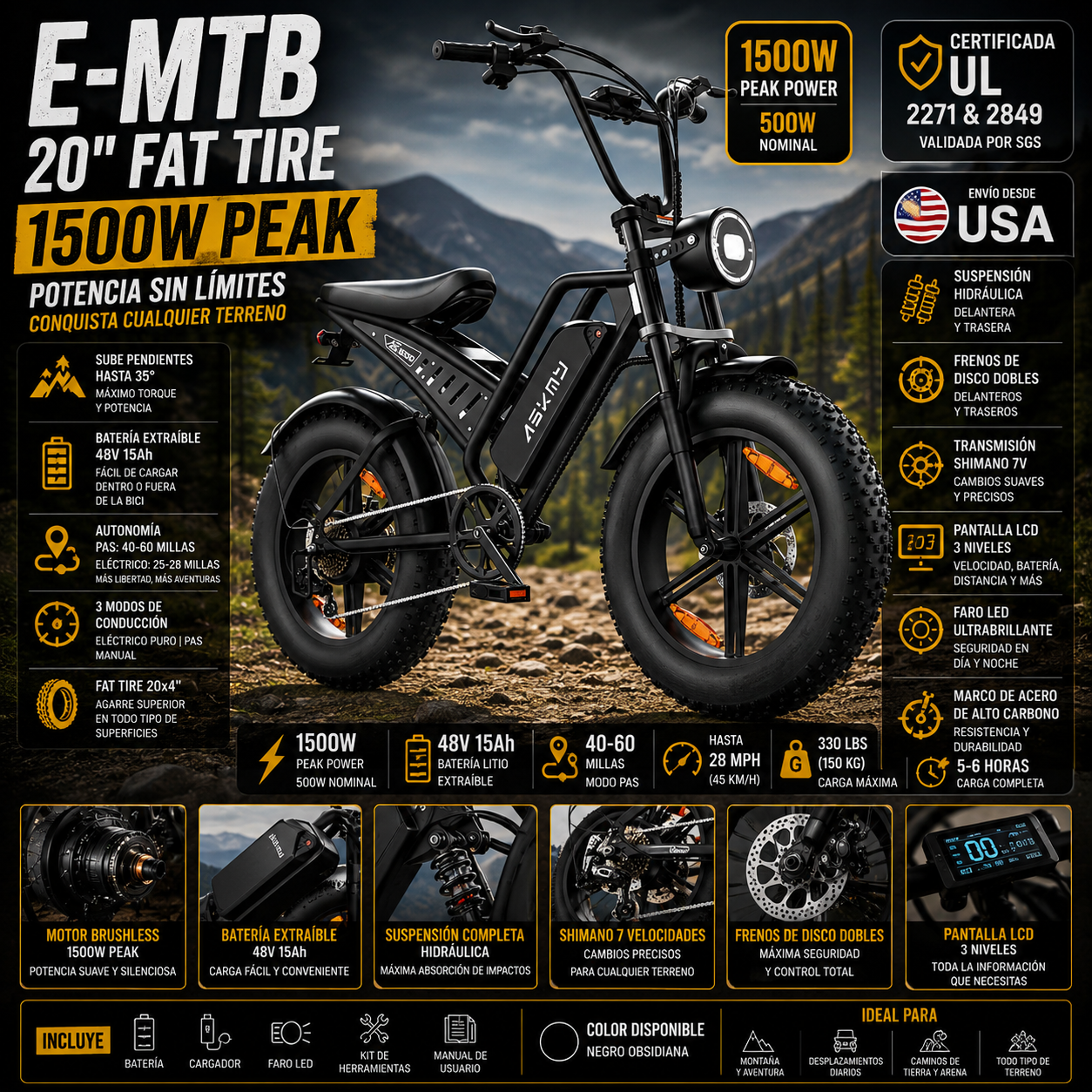 E-MTB Adultos 20" Fat Tire | Motor 1500W Peak | 48V 15Ah Extraíble | 60 Millas PAS | Doble Suspensión | Shimano 7v | UL Certificada