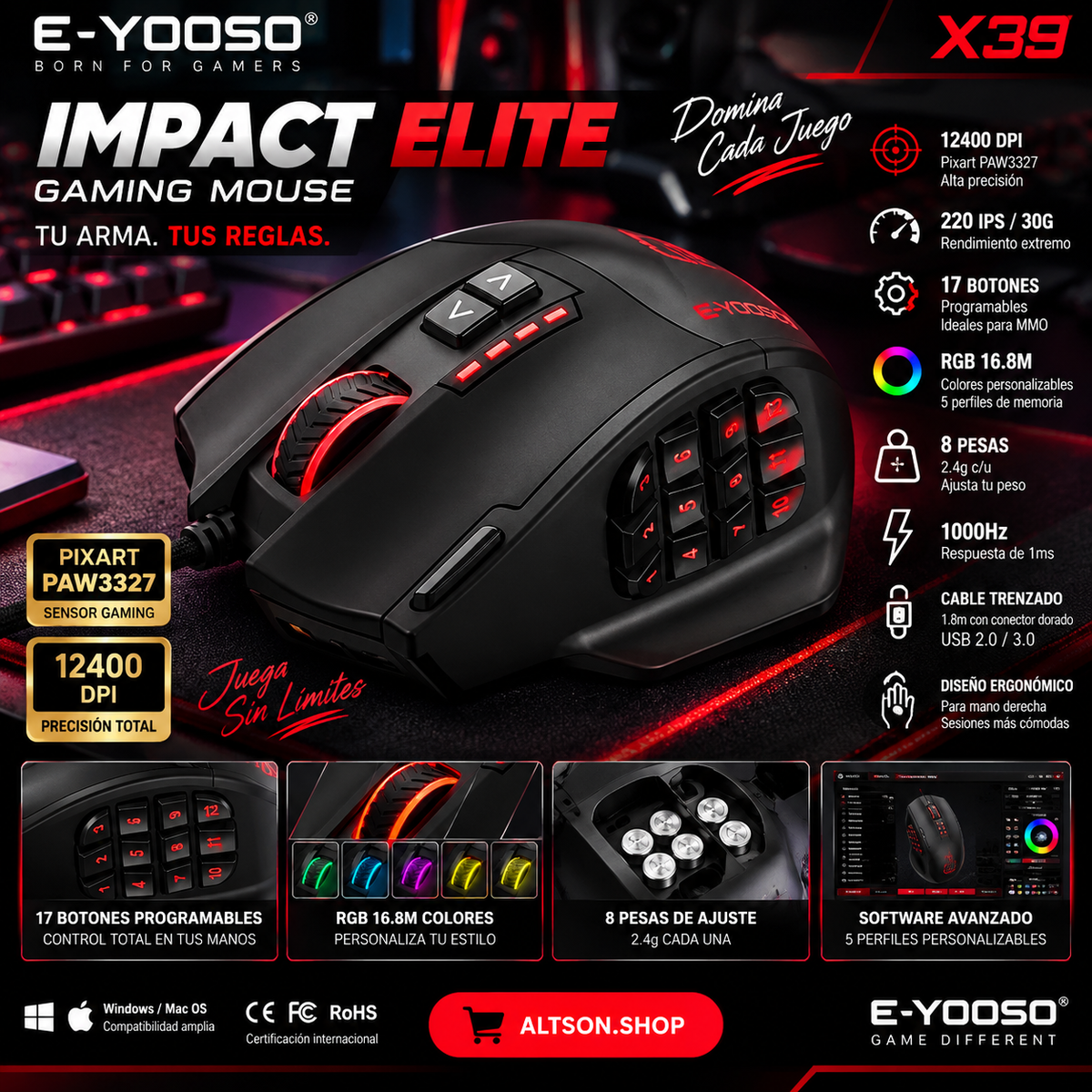 E-YOOSO X39 Wired Gaming Mouse | 12400 DPI | 17 Buttons RGB | Pixart PAW3327 | MMO