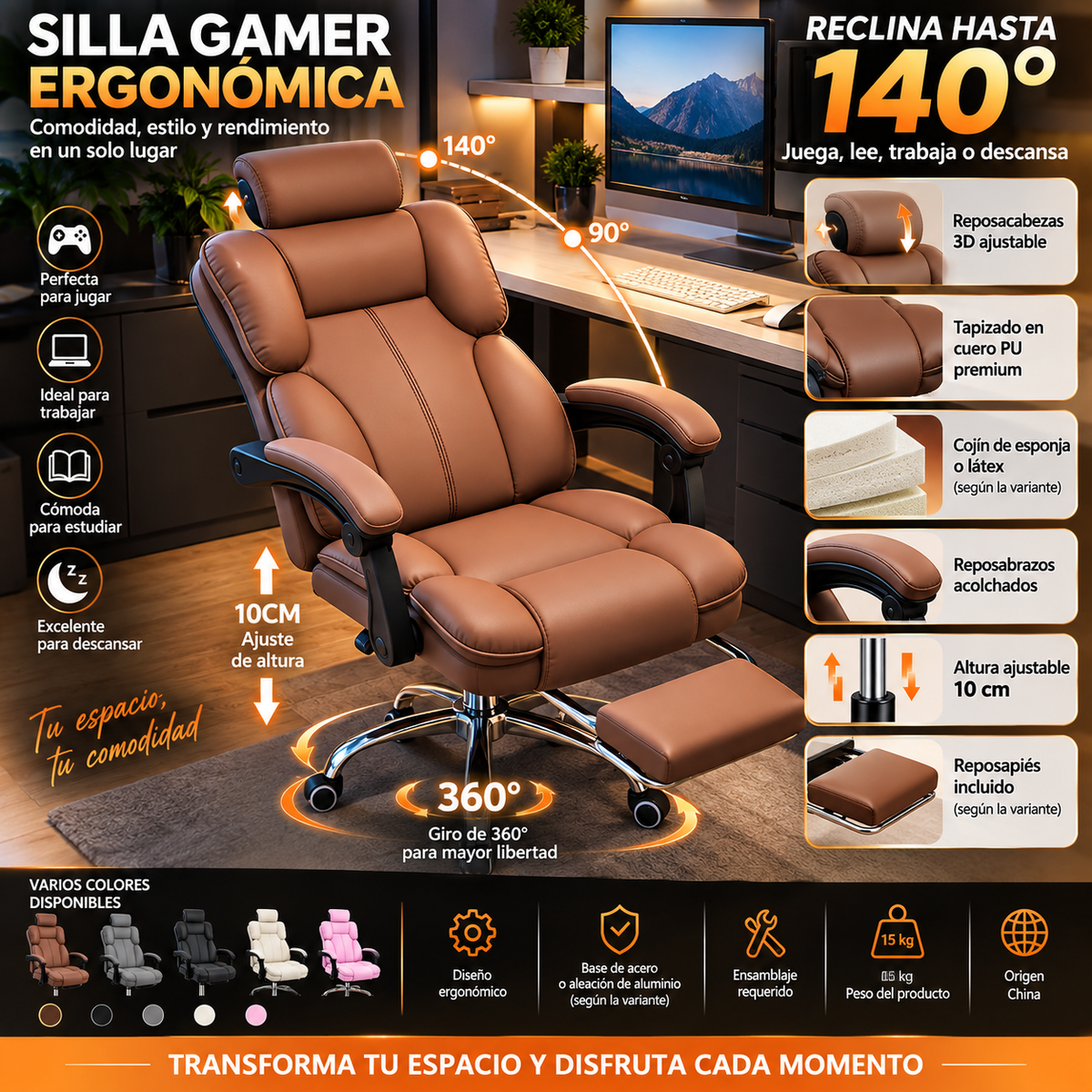 Ergonomic Gaming Chair | Reclining Footrest | 360° Swivel