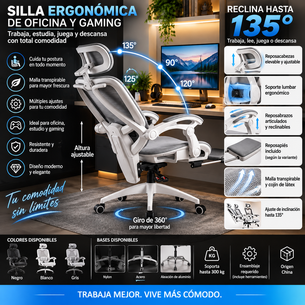 Ergonomic Office Chair | Reclining & Footrest | Lumbar