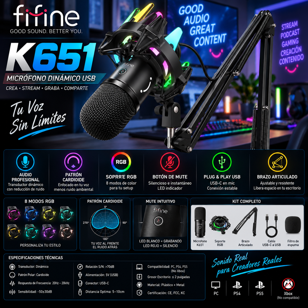 FIFINE K651 USB Dynamic Microphone Kit | Boom Arm | RGB Shock Mount | Cardioid | Streaming & Podcast