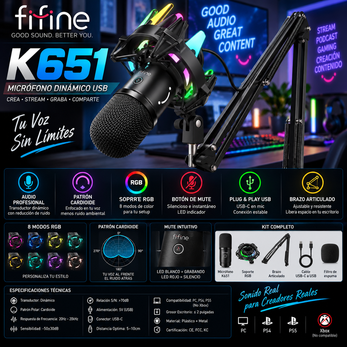 FIFINE K651 USB Dynamic Microphone Kit | Boom Arm | RGB Shock Mount | Cardioid | Streaming & Podcast