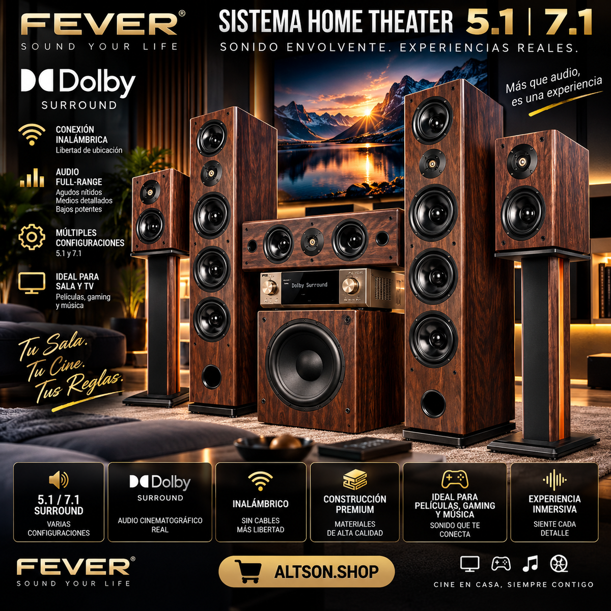 Fever Wireless Home Theater Speaker System | 5.1 & 7.1 | Dolby Surround | Living Room & TV