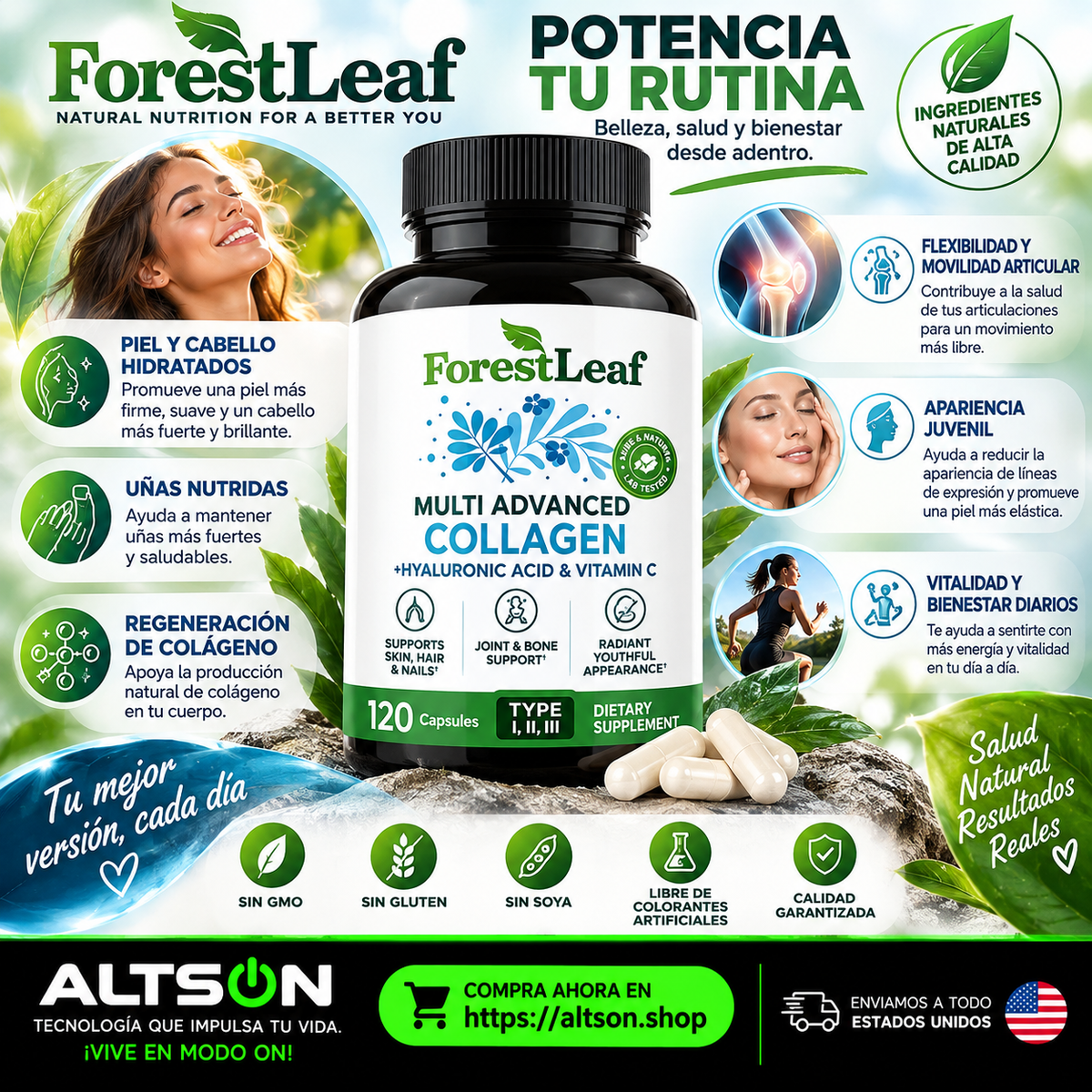 ForestLeaf Colágeno Avanzado Tipo 1, 2 y 3 – Con Ácido Hialurónico y Vitamina C