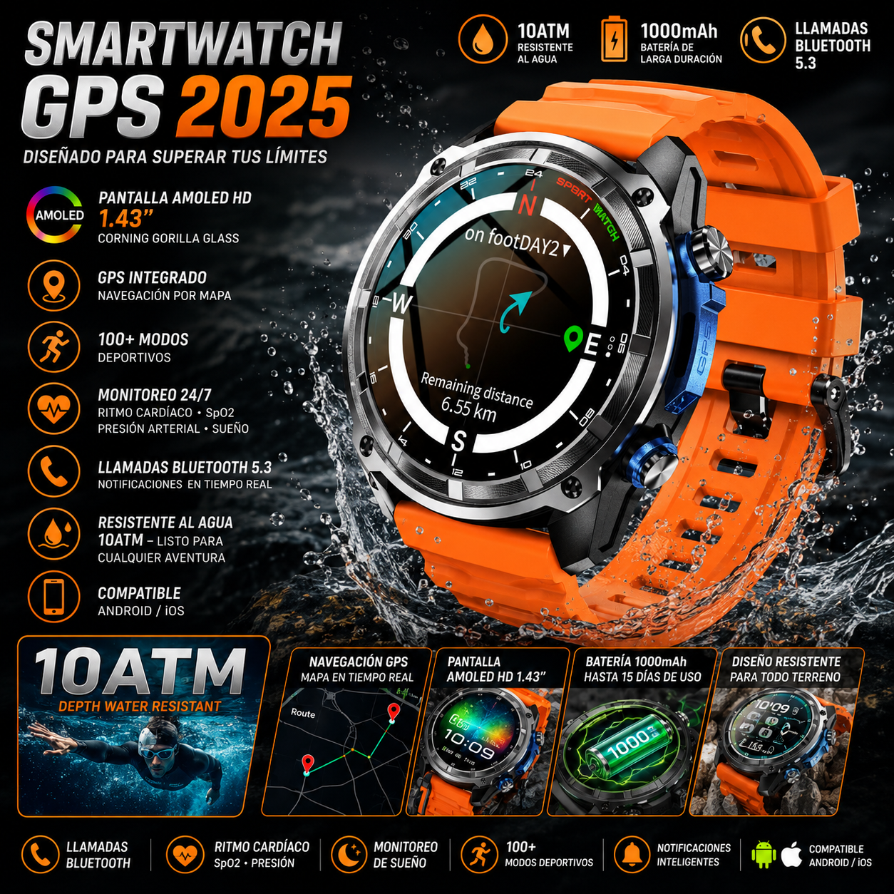 GPS Smartwatch 2025 | AMOLED 1.43" HD Gorilla Glass | 1000mAh | 10ATM Waterproof | Bluetooth Calling | Men Sport | Smartwatch GPS 2025 | AMOLED 1.43" HD Gorilla Glass | 1000mAh | Resistente al Agua 10ATM | Llamadas Bluetooth | Deporte