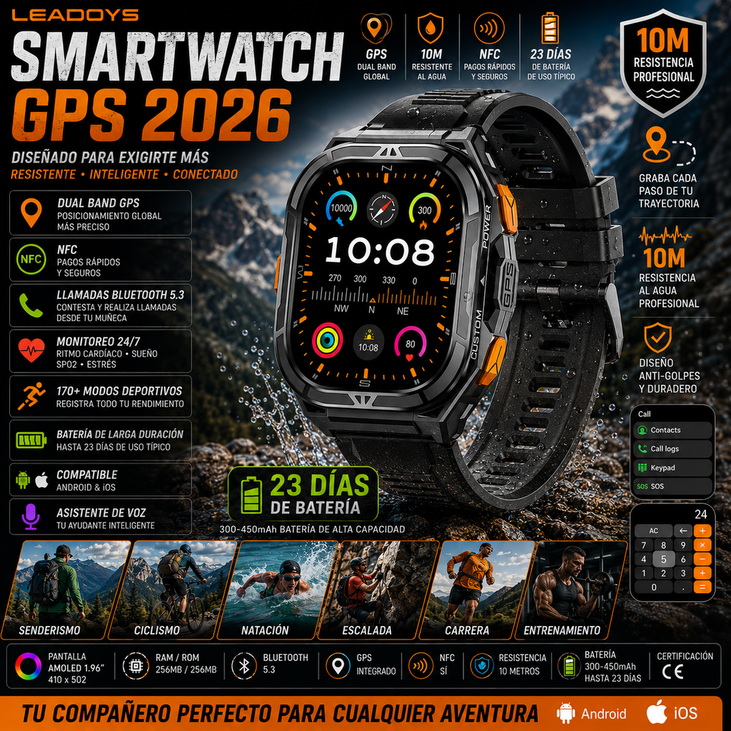 GPS Smartwatch 2026 Rugged | AMOLED 1.96" | NFC | 10m Waterproof | Bluetooth 5.3 | Men Outdoor | Smartwatch GPS 2026 Resistente | AMOLED 1.96" | NFC | Resistente al Agua 10m | Bluetooth 5.3 | Hombre Exterior