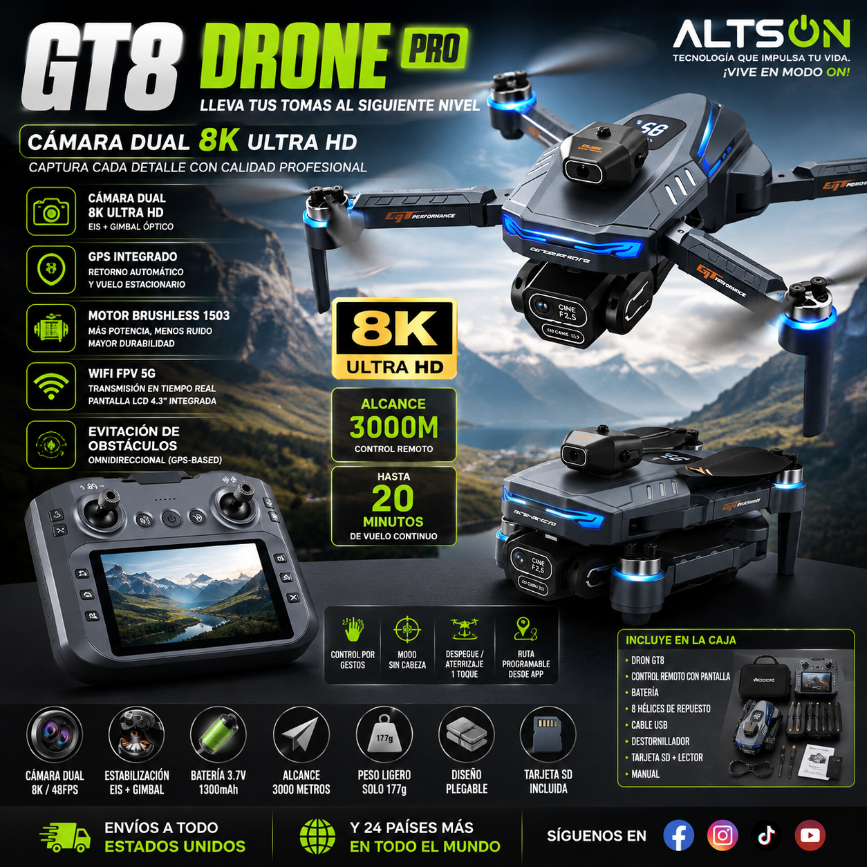 GT8 Drone 8K GPS WiFi – Cámara Dual, Motor Brushless, FPV 5G, Plegable, Cuadricóptero Profesional