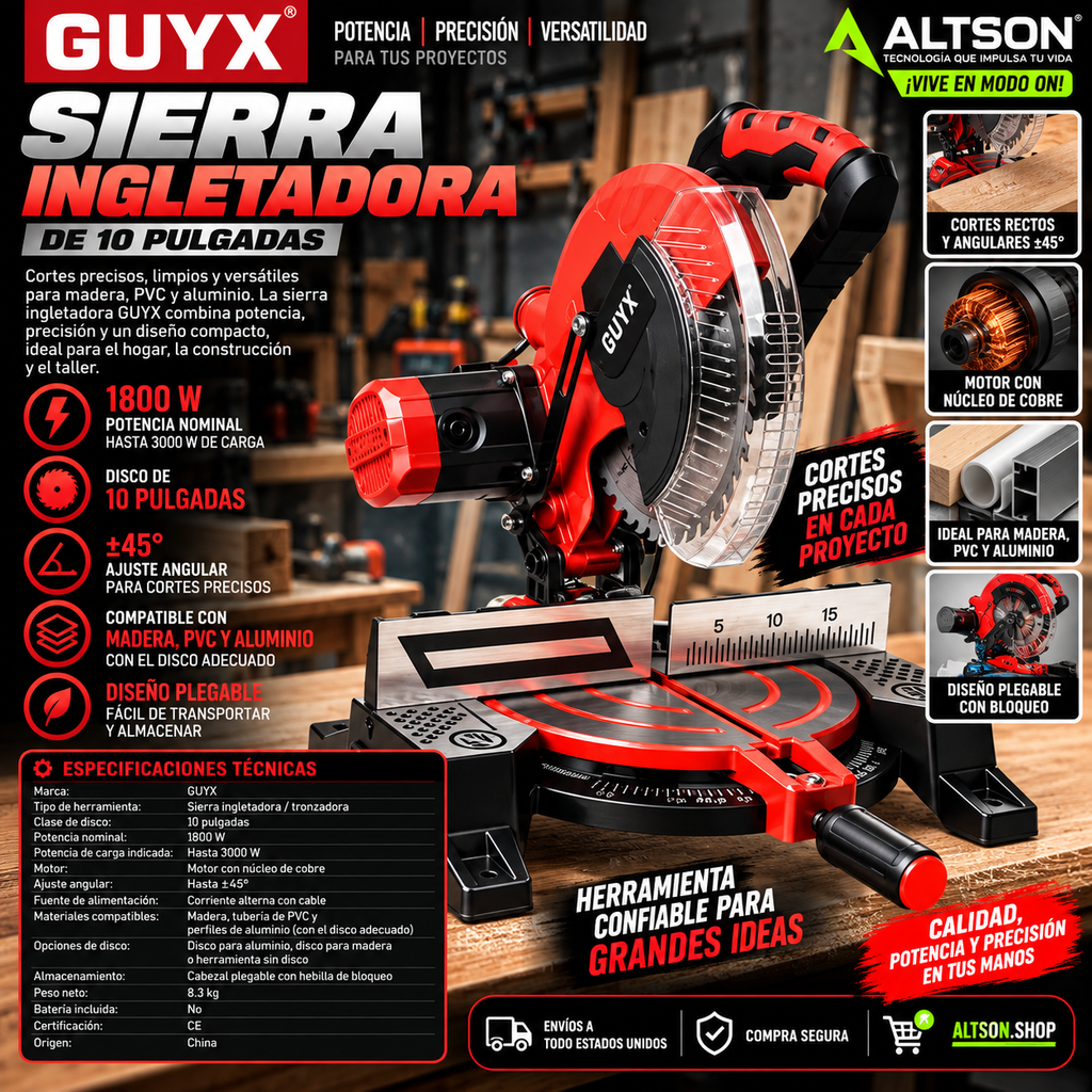 GUYX 10-Inch Miter Saw | ±45° Cutting | 1800W