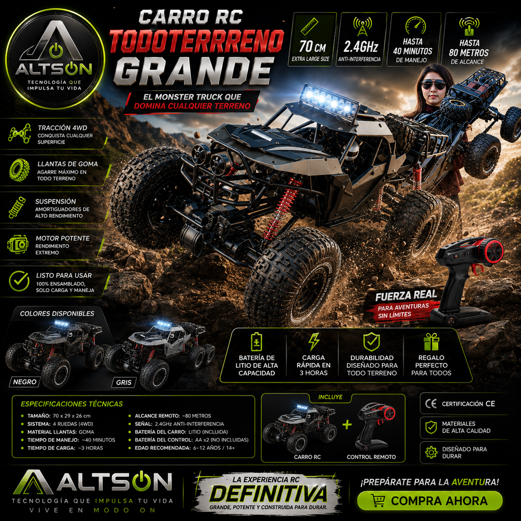 ALTSON Carro RC Todoterreno Grande - Infográfico con especificaciones técnicas