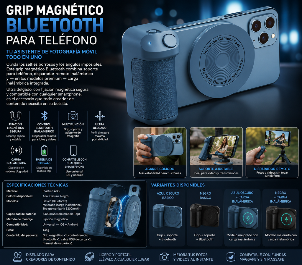 Grip Magnético Bluetooth para Teléfono – Soporte, Disparador Remoto y Carga Inalámbrica