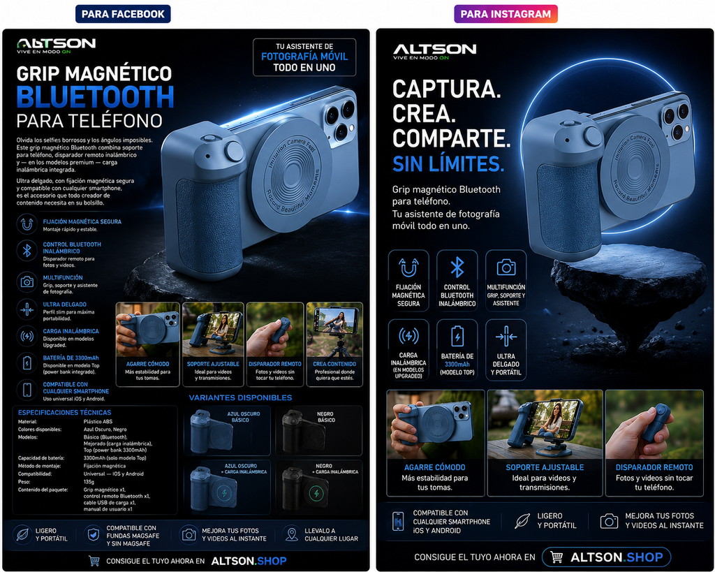 Grip Magnético Bluetooth para Teléfono – Soporte, Disparador Remoto y Carga Inalámbrica