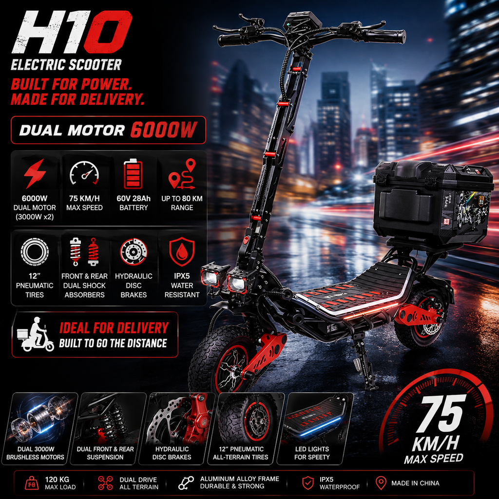 H10 Patinete Eléctrico | Doble Motor 6000W | 75KM/H | 80KM Autonomía | Delivery