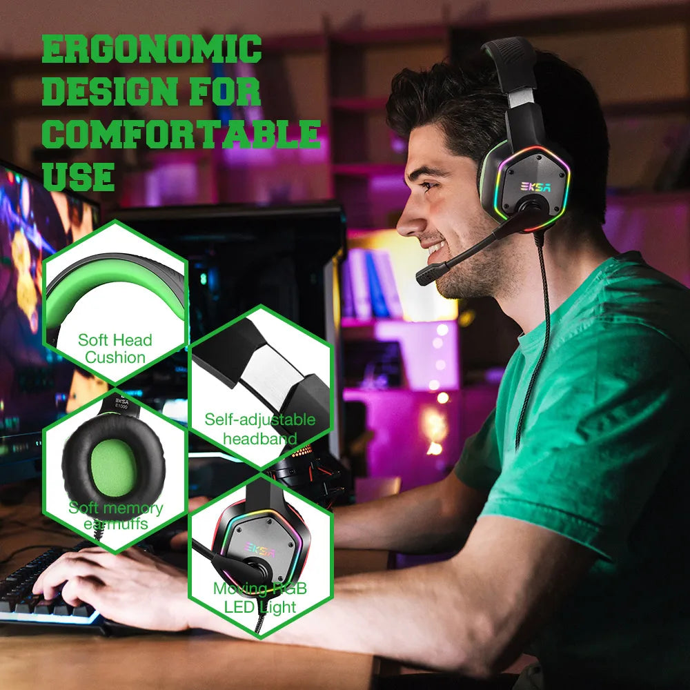 Audífonos Gaming EKSA E1000 | 7.1 Surround | USB | RGB | Micrófono Cancelación de Ruido | PC/PS4/PS5 | EKSA E1000 Gaming Headset 7.1 Surround USB RGB Noise Cancelling Mic