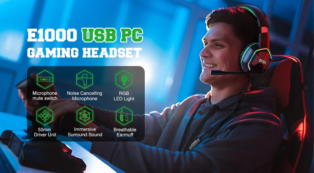 Audífonos Gaming EKSA E1000 | 7.1 Surround | USB | RGB | Micrófono Cancelación de Ruido | PC/PS4/PS5 | EKSA E1000 Gaming Headset 7.1 Surround USB RGB Noise Cancelling Mic