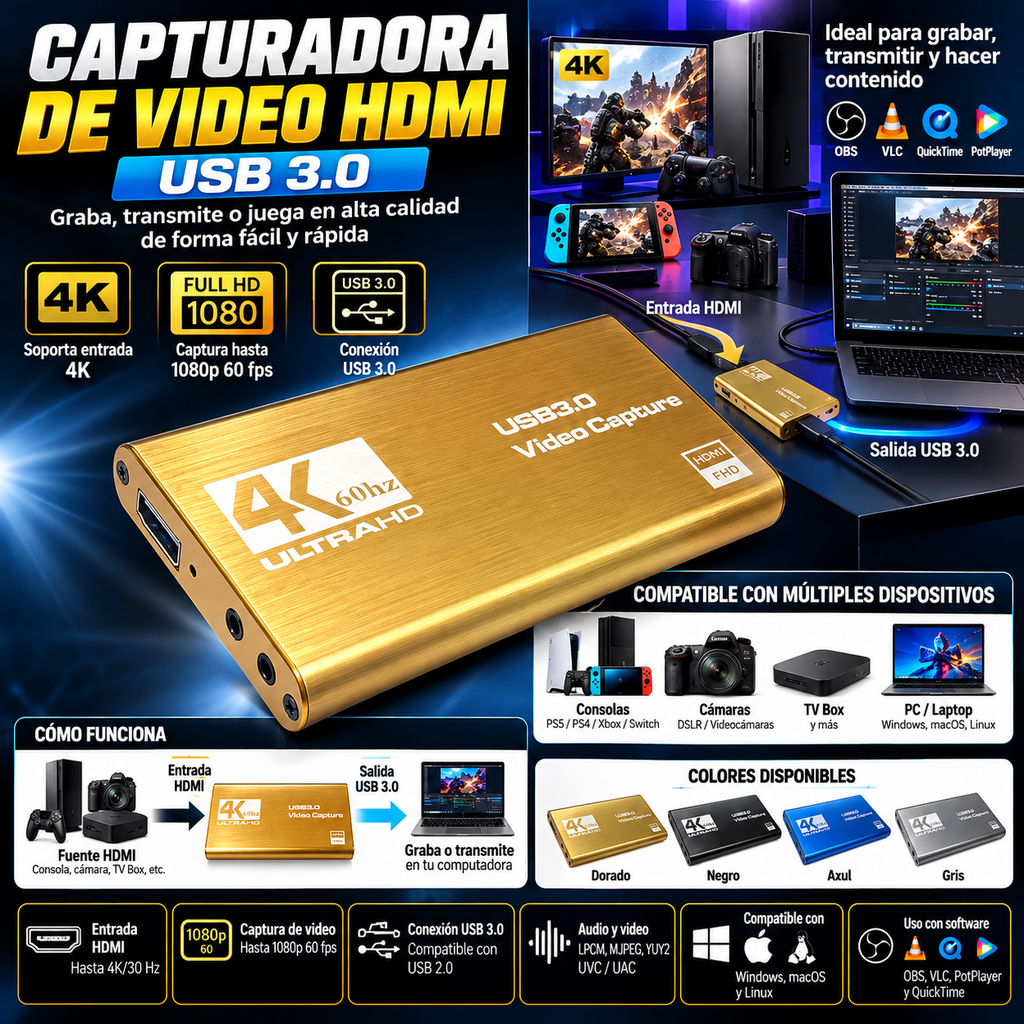 HDMI USB 3.0 Capture Card | 4K Input, 1080p 60fps | Capturadora de Video