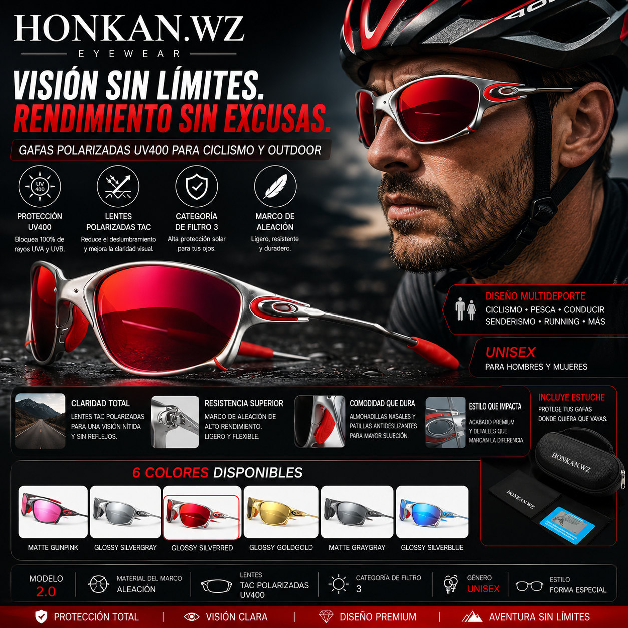 HONKAN.WZ Gafas de Sol Polarizadas UV400 | Marco de Aleación | Ciclismo y Outdoor
