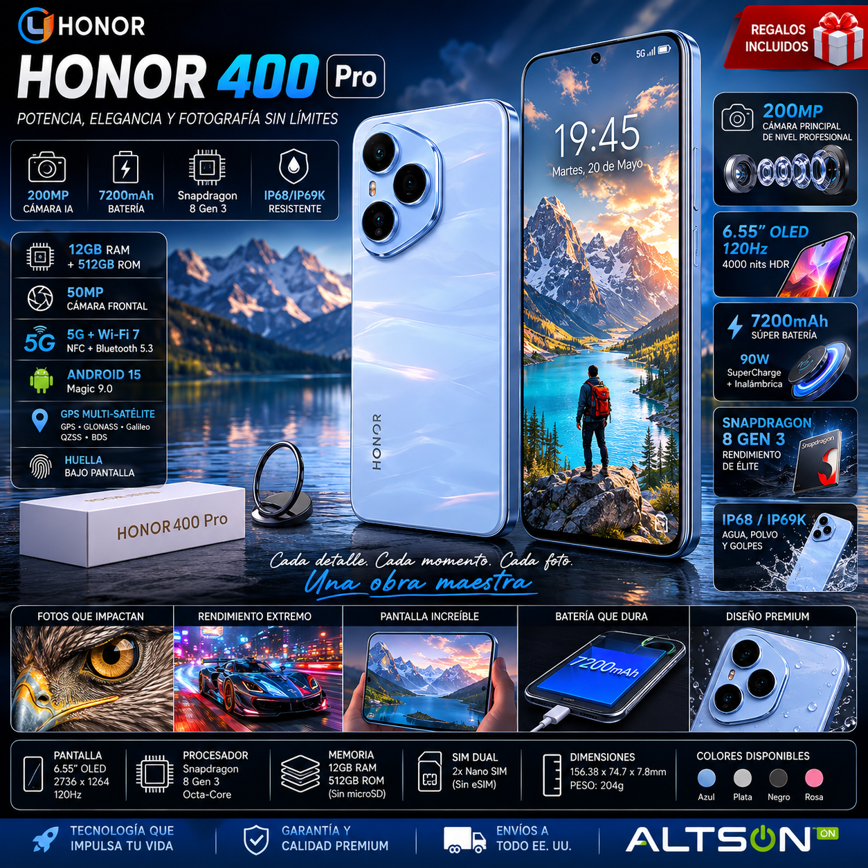 HONOR 400 Pro | Smartphone 5G 200MP 7200mAh 90W | Snapdragon 8 Gen 3 OLED IP68