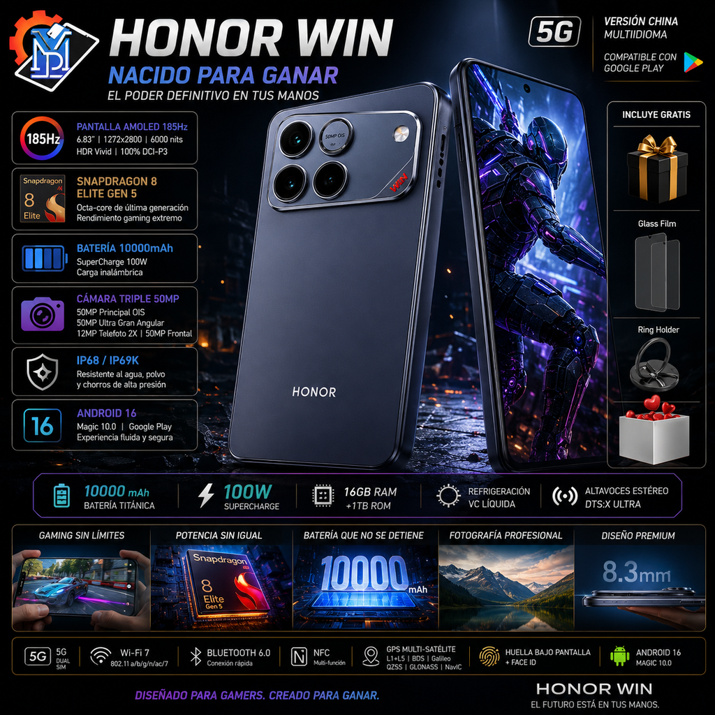 HONOR WIN | Gaming Smartphone 5G 10000mAh 100W 185Hz | Snapdragon 8 Elite Gen 5 IP68