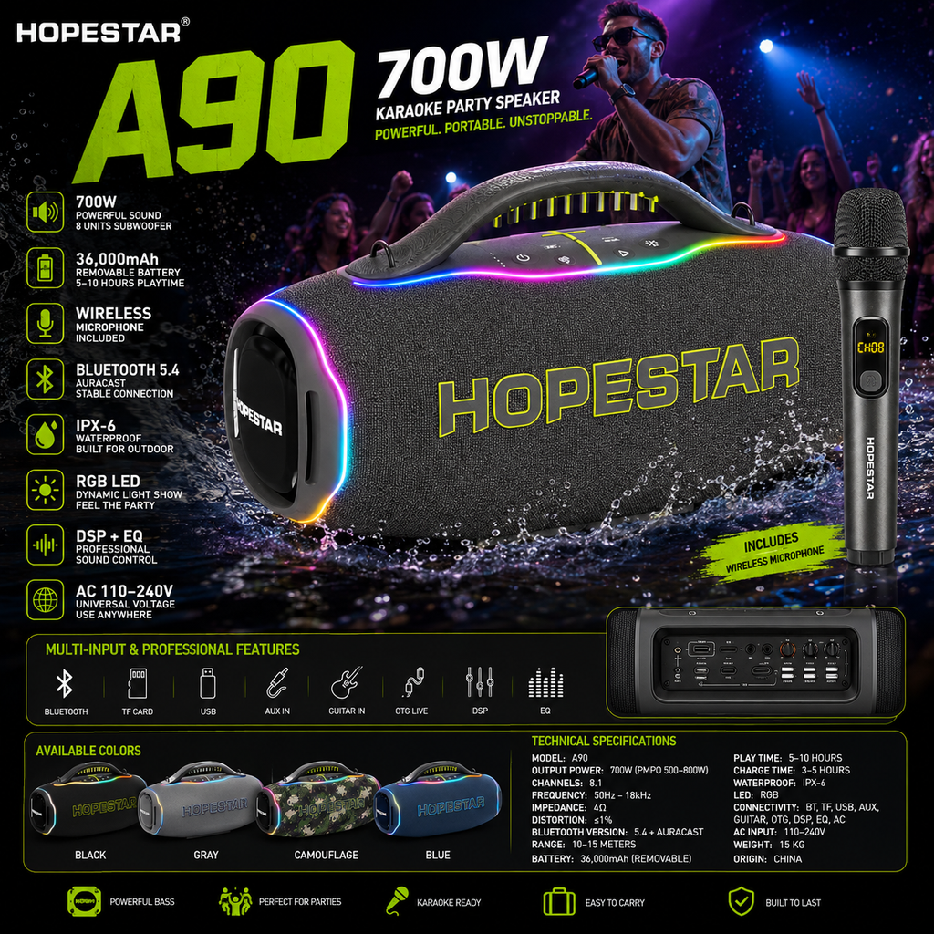 HOPESTAR A90 | Bocina Bluetooth 700W con Micrófono | Karaoke Outdoor IPX6