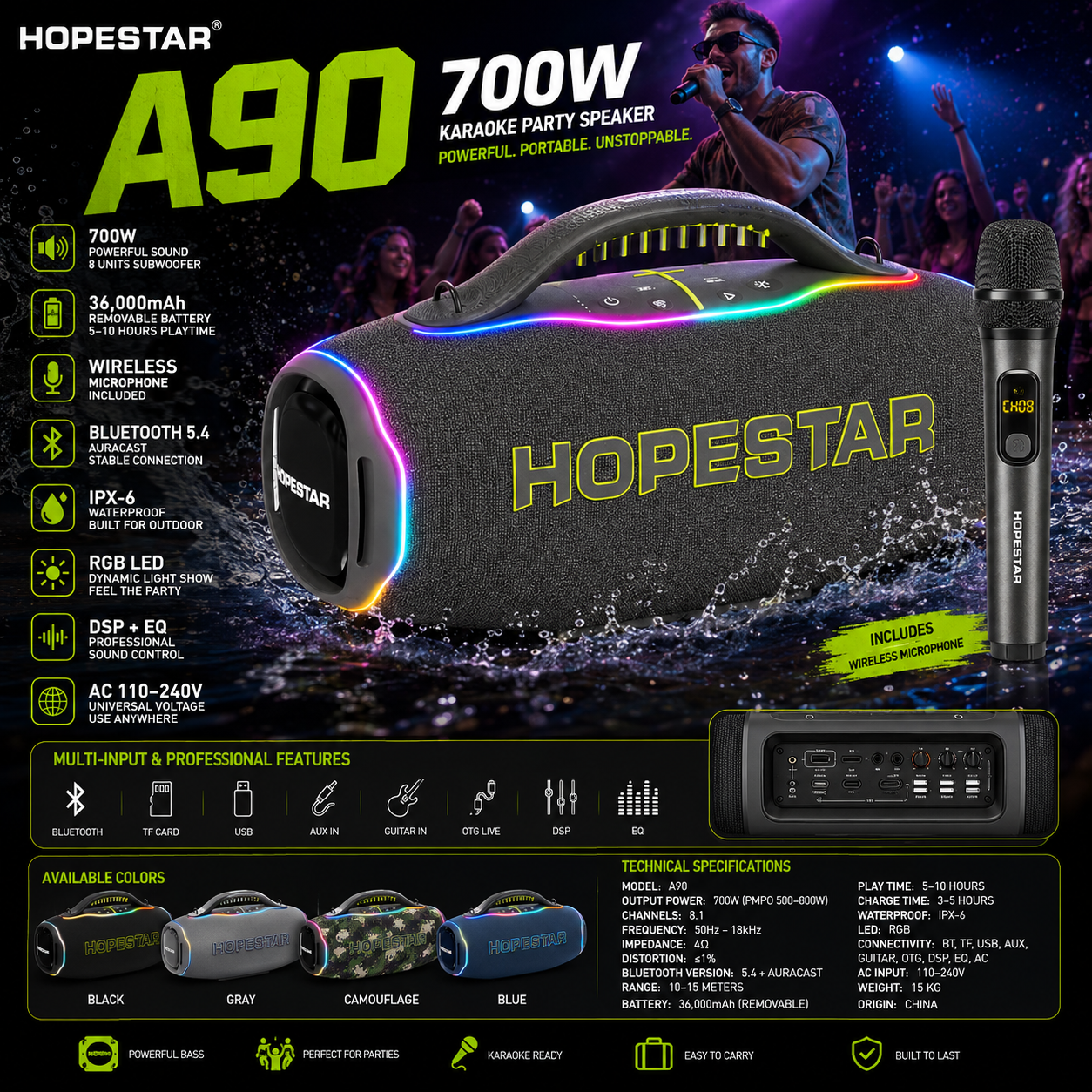 HOPESTAR A90 | Bocina Bluetooth 700W con Micrófono | Karaoke Outdoor IPX6