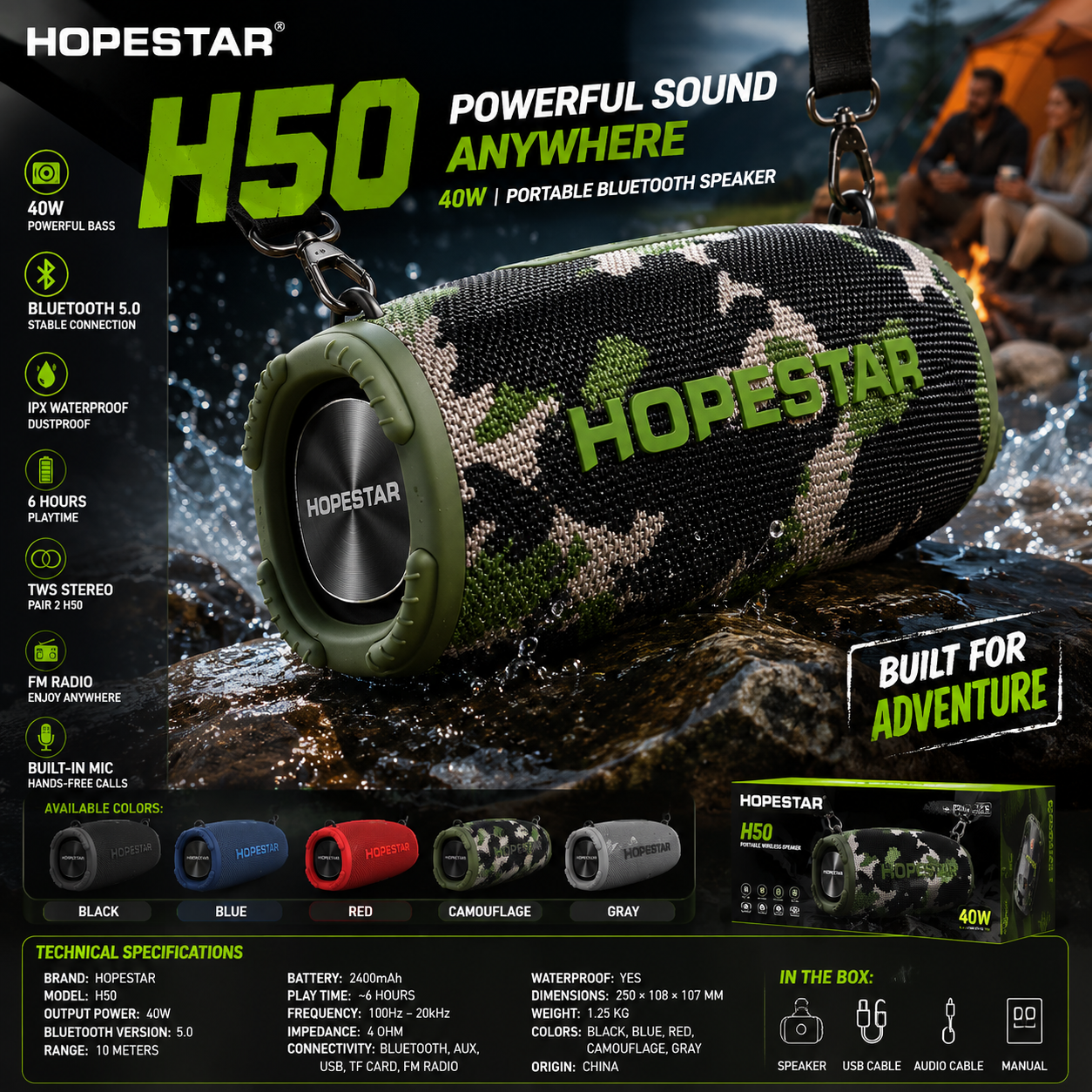 HOPESTAR H50 | Bocina Bluetooth Portátil 40W | Impermeable TWS Radio FM