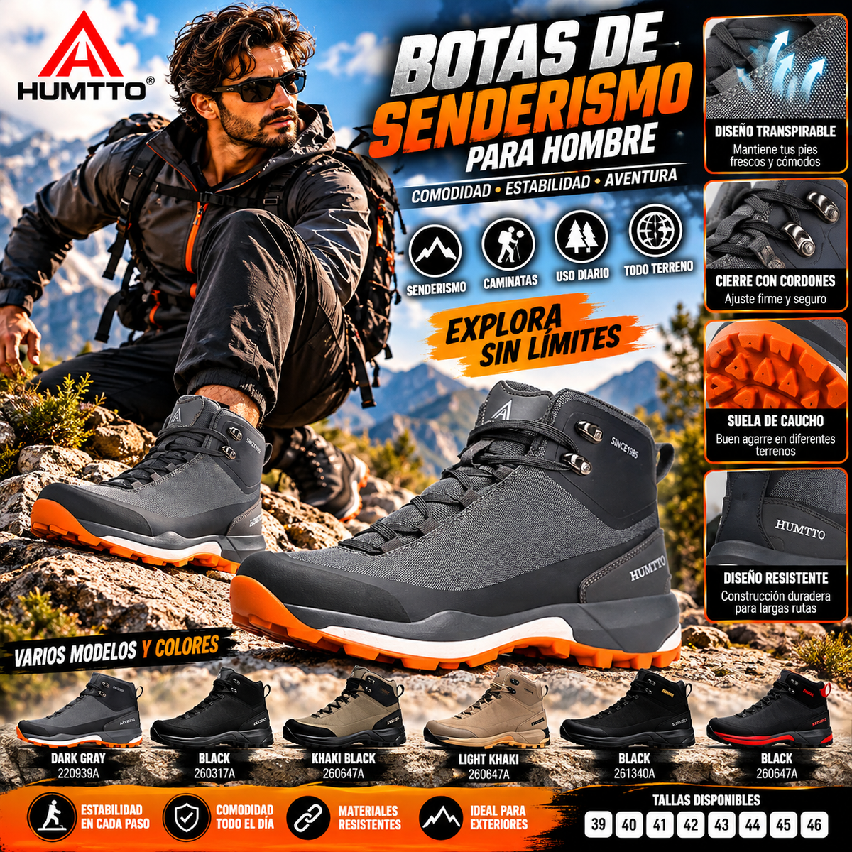 HUMTTO Men's Hiking Shoes | Lace-Up & Rubber Sole | Outdoor Walking