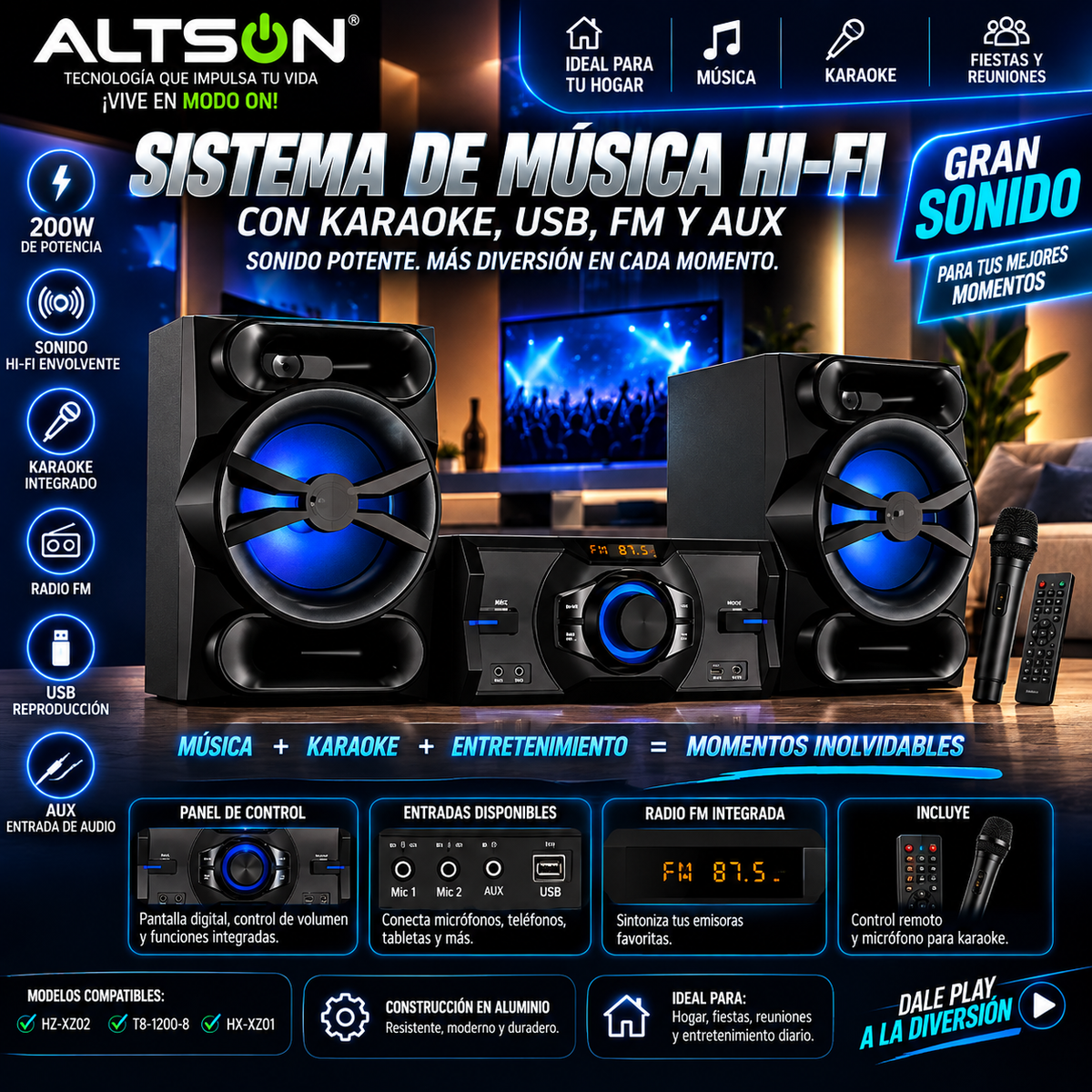 Hi-Fi Karaoke Music System | USB, FM & AUX | Sistema de Audio