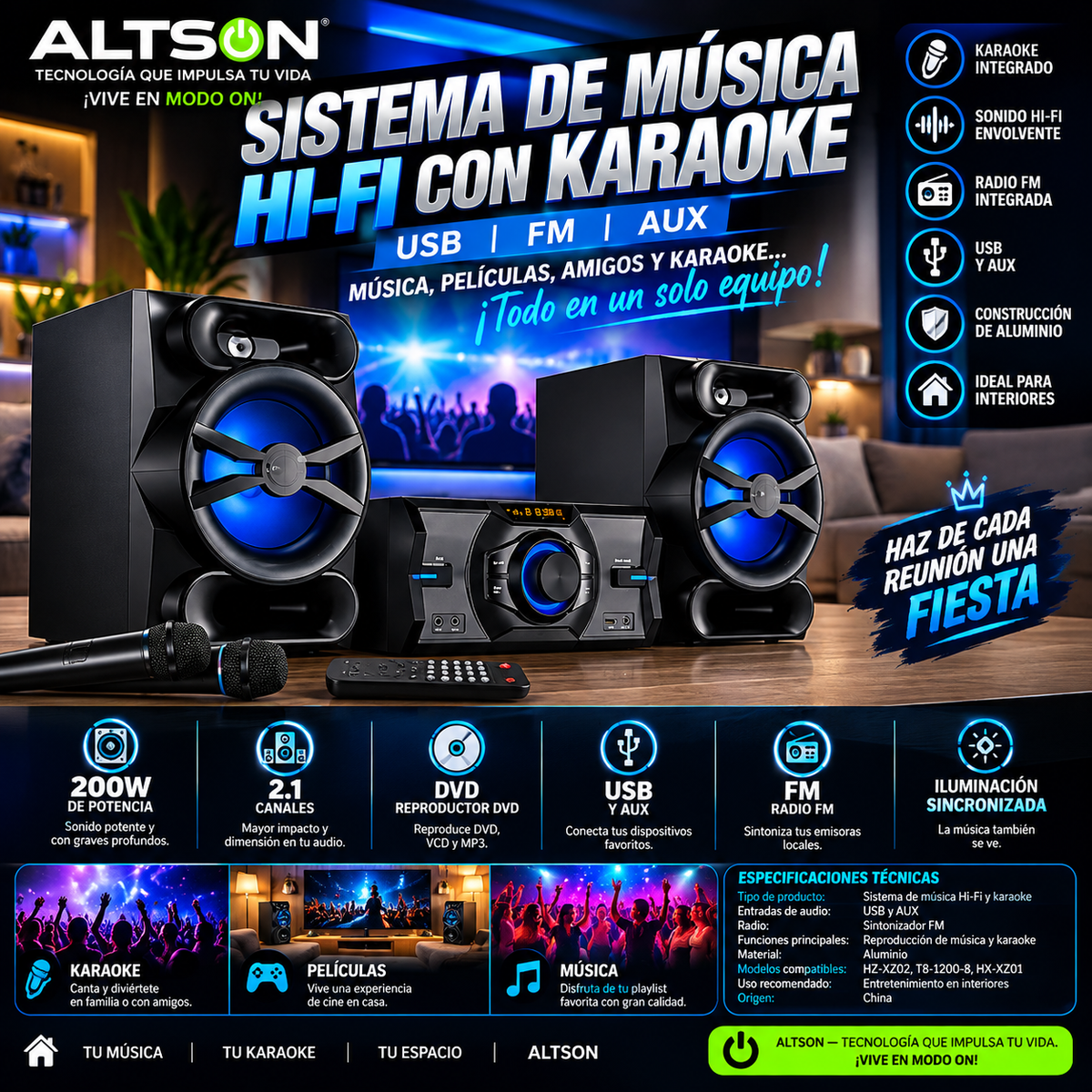 Hi-Fi Karaoke Music System | USB, FM & AUX | Sistema de Audio