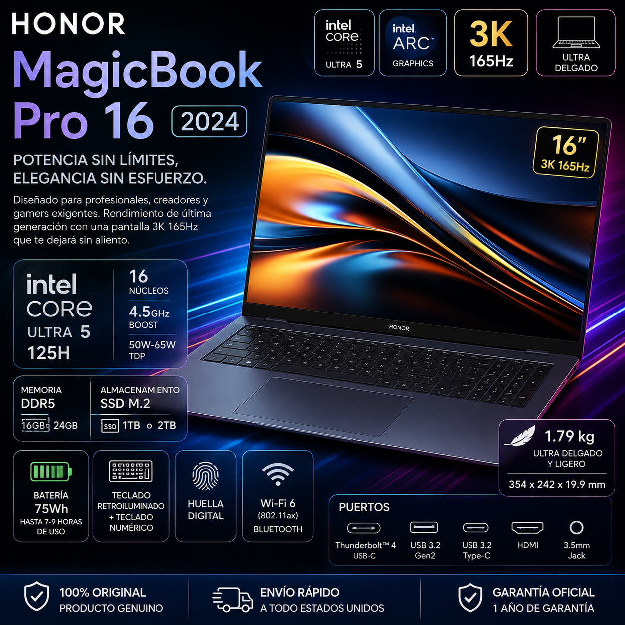 Honor MagicBook Pro 16 Laptop 2024 | Intel Core Ultra 5, 16GB/24GB DDR5, 1TB/2TB SSD | 3K 165Hz, Windows 11