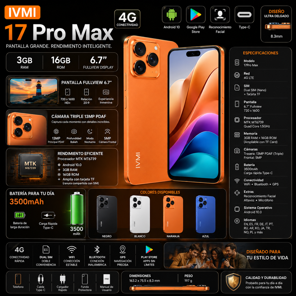 IVMI 17Pro Max | 4G | Android 10 | 6.7" Fullview | 3GB+16GB | 13MP | 3500mAh | Dual SIM | Play Store | Bluetooth | WiFi