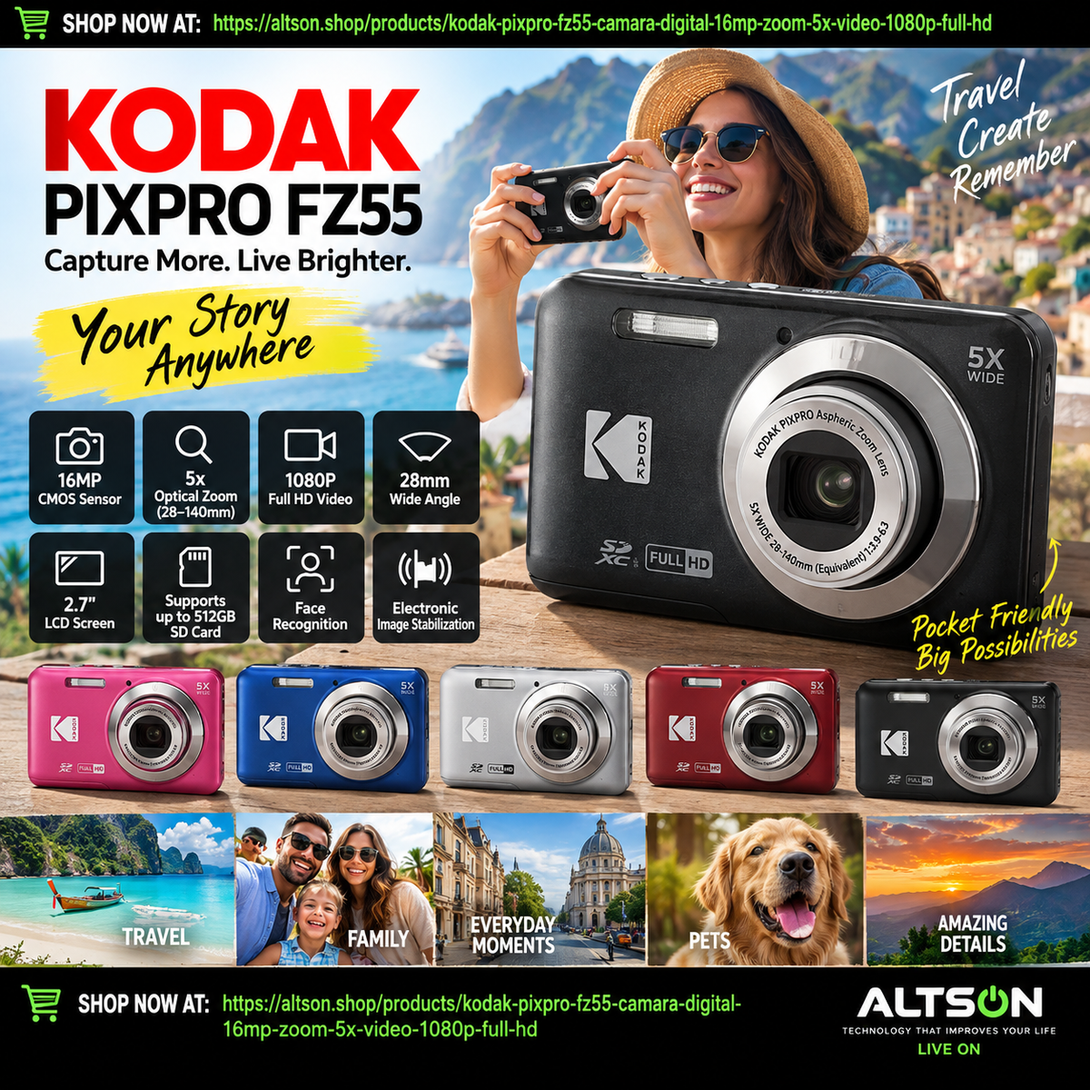 Kodak PIXPRO FZ55 | Cámara Digital 16MP | Zoom 5x | Video 1080P Full HD | LCD 2.7" | altson.shop