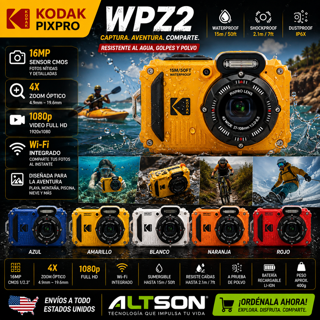 KODAK PIXPRO WPZ2 | Cámara Digital Resistente 16MP 4X Zoom 1080p Wi-Fi | Waterproof Shockproof