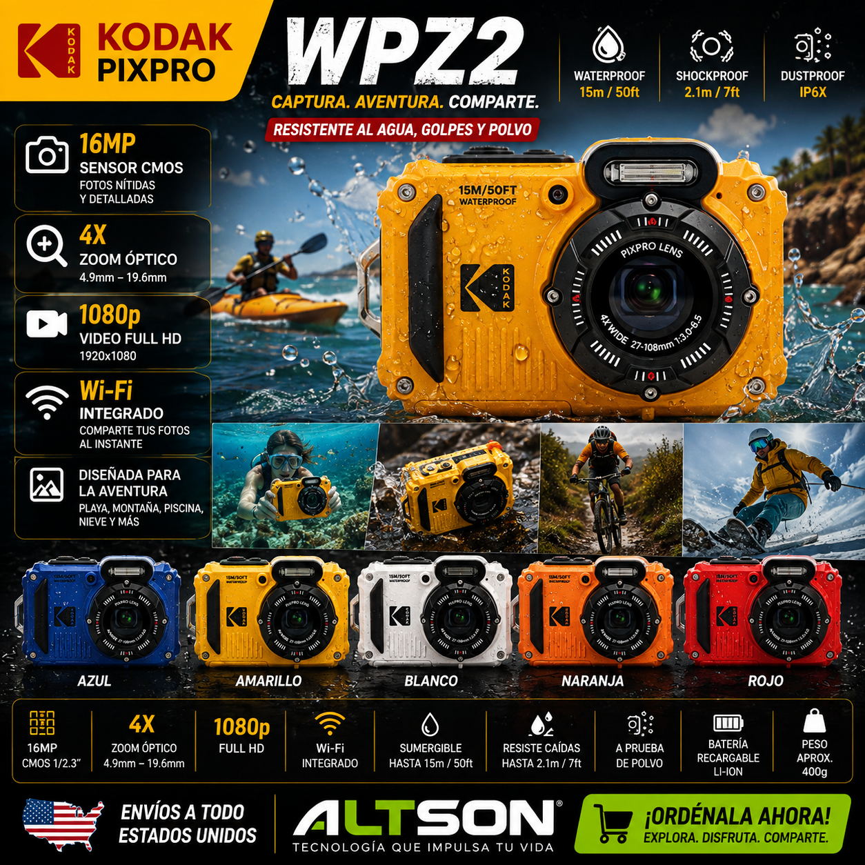 KODAK PIXPRO WPZ2 | Cámara Digital Resistente 16MP 4X Zoom 1080p Wi-Fi | Waterproof Shockproof