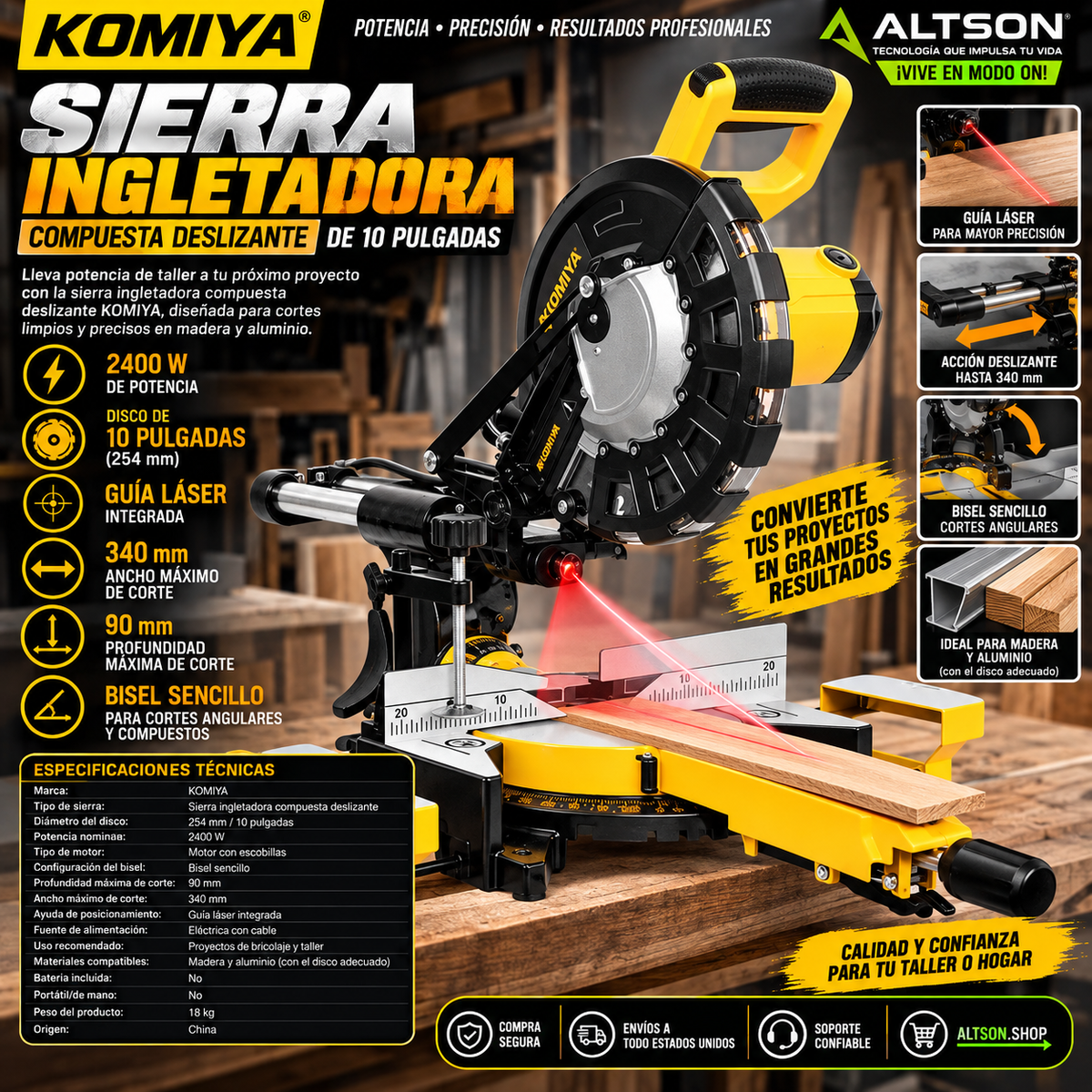 KOMIYA 10-Inch Sliding Miter Saw | Laser Guide | 2400W