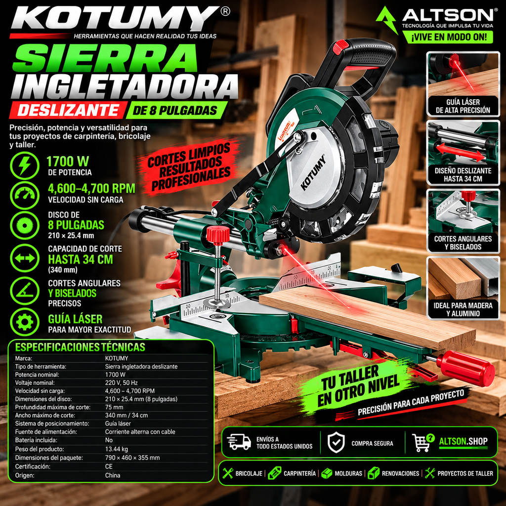 KOTUMY 8-Inch Sliding Miter Saw | Laser Guide | 1700W