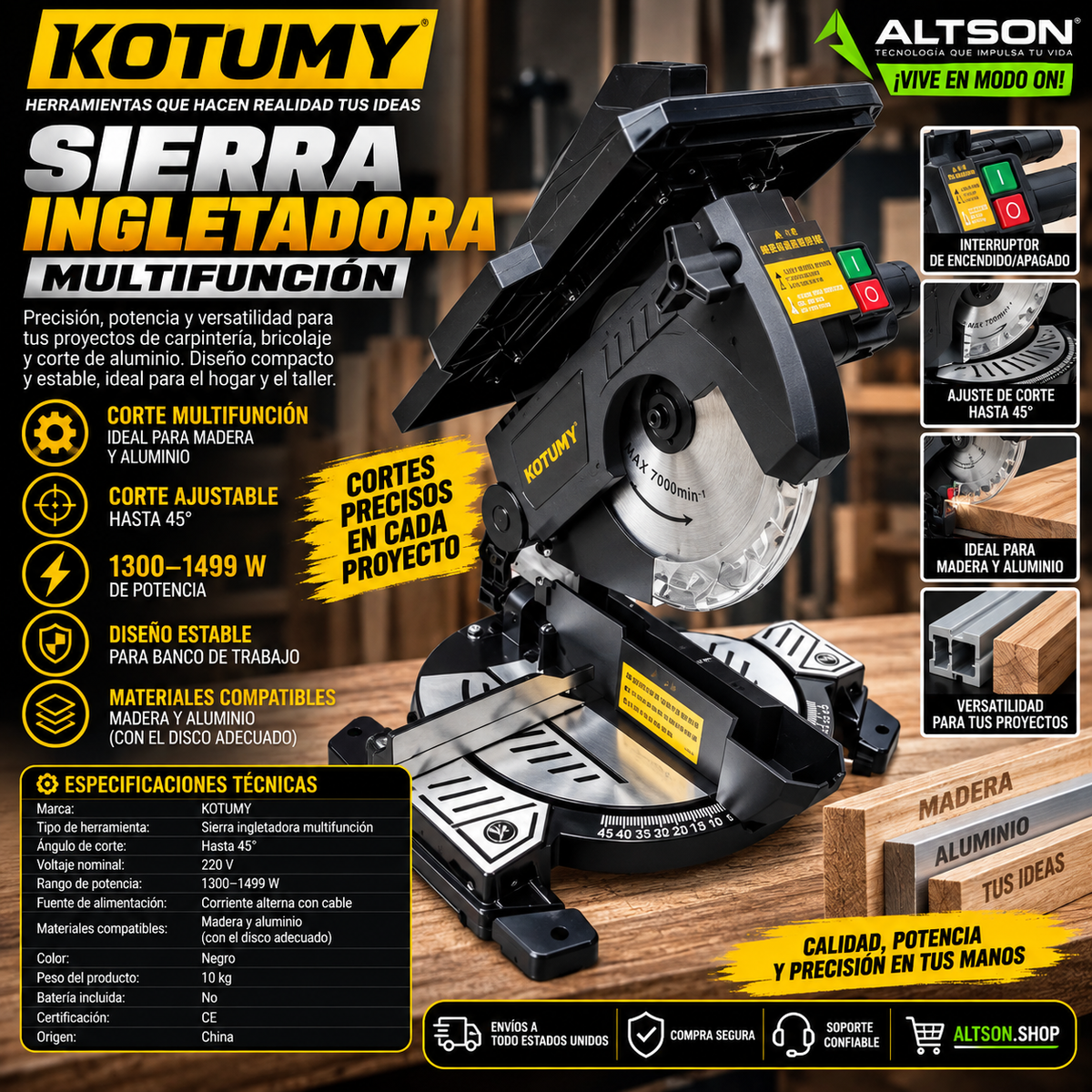 KOTUMY Multifunction Miter Saw | 45° Cutting | 220V