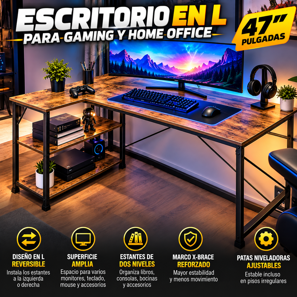 L-Shaped Gaming Desk with Reversible Shelves | 47 in