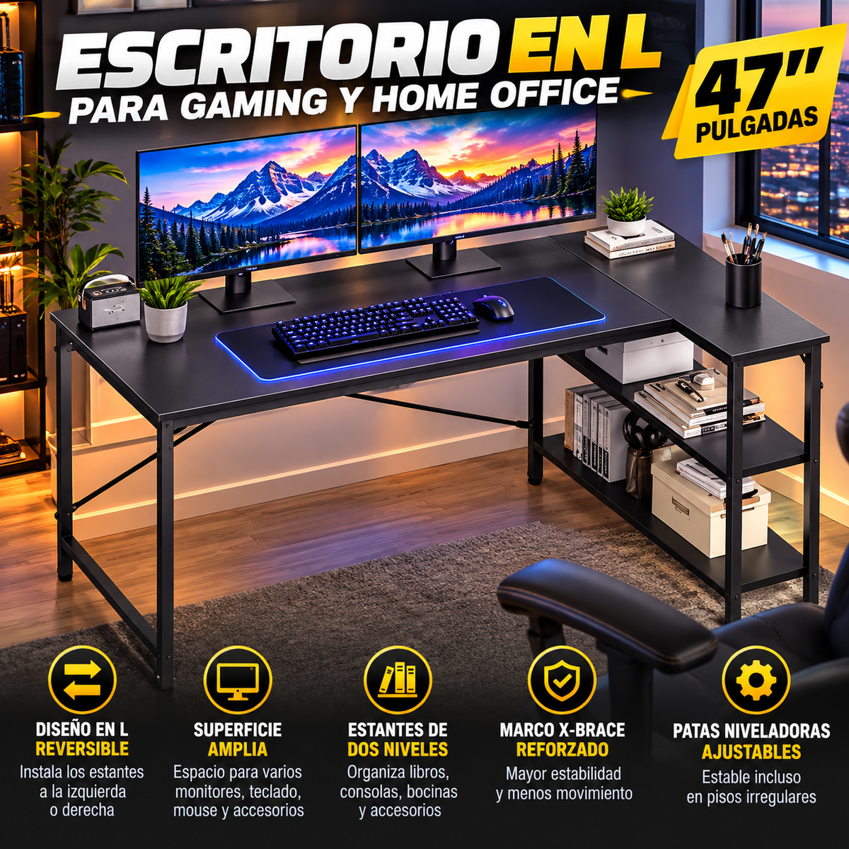 L-Shaped Gaming Desk with Reversible Shelves | 47 in