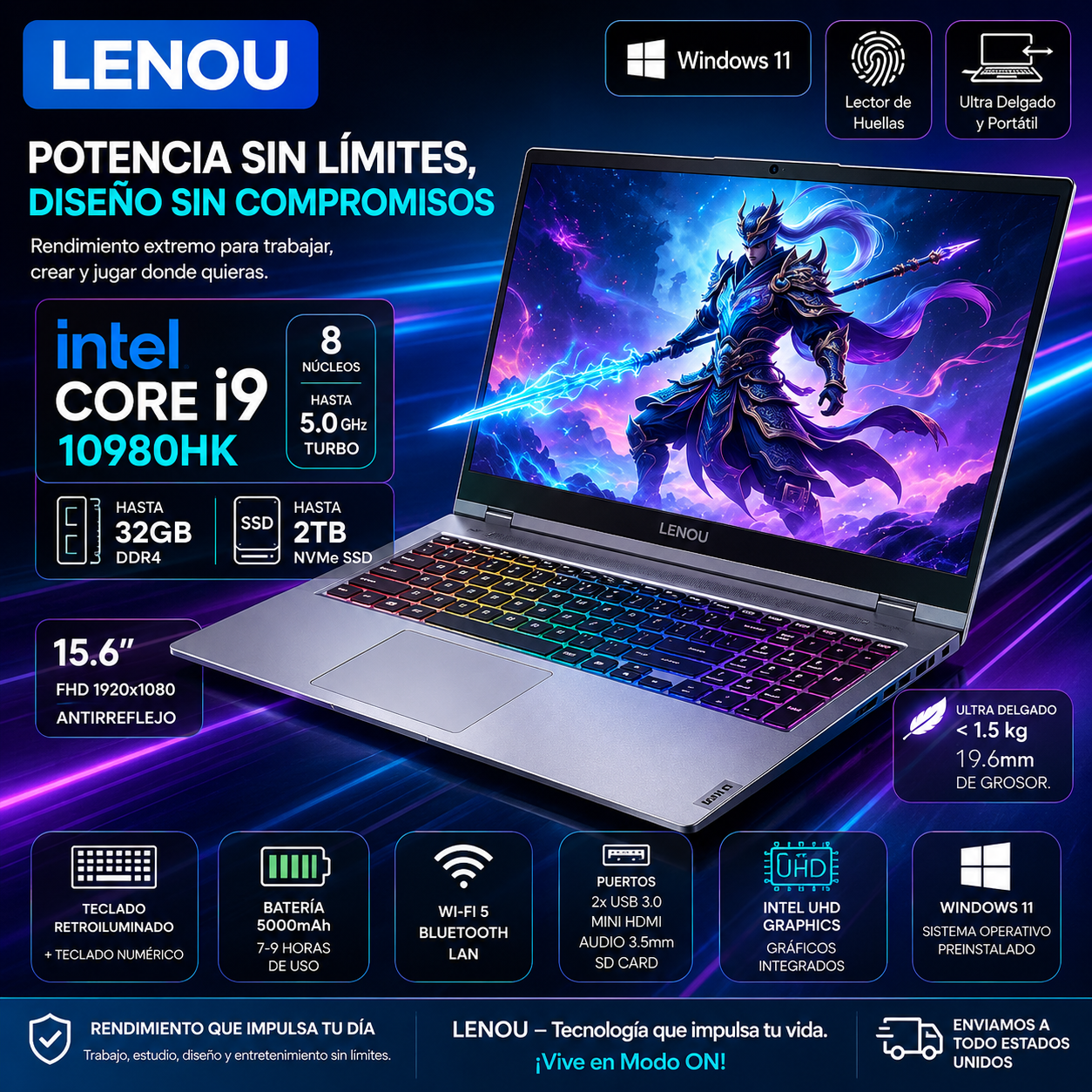LENOU Laptop 15.6" FHD | Intel Core i9-10980, 32GB RAM, 2TB SSD | Windows 11, Gaming & Home