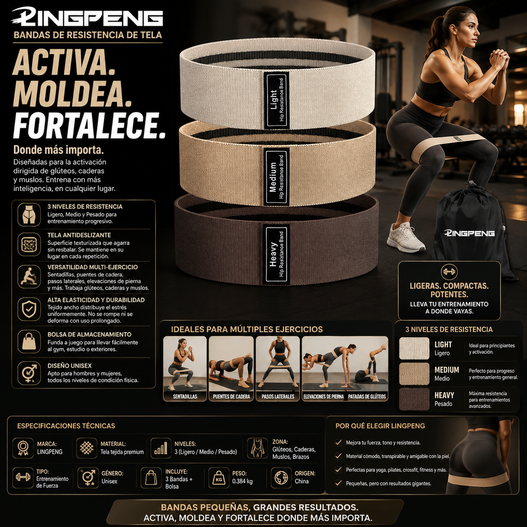 LINGPENG | Bandas de Resistencia Glúteos y Piernas | Set 3 Niveles, Tela Antideslizante, Yoga Gym