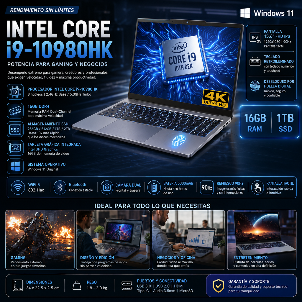 Laptop Intel Core i9-10980HK 16GB RAM SSD – Pantalla 15.6" FHD, Teclado Retroiluminado, Huella Digital, Windows 11
