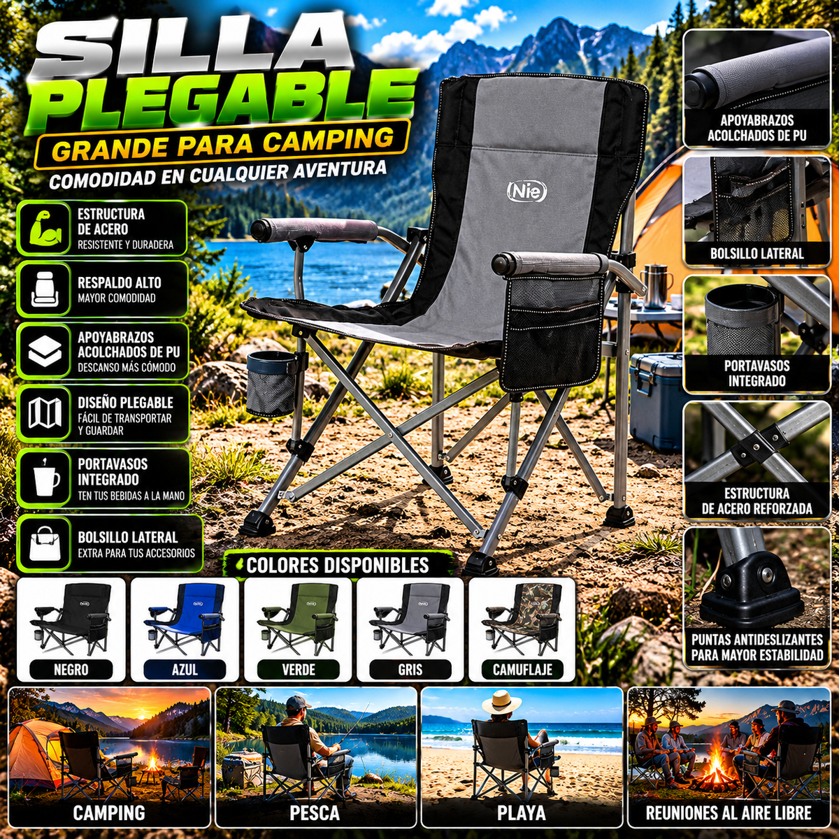 Large Folding Camping Chair | Steel Frame & PU Armrests / Silla plegable